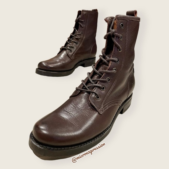 $385 Frye Veronica Combat Brown Leather Lace Up Moto Combat Military Ankle Boot - Picture 7 of 12